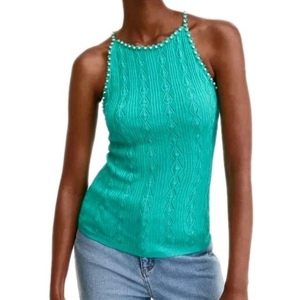 INC International Concepts Teal Ribbed Knit Tank Top with Beaded Trim